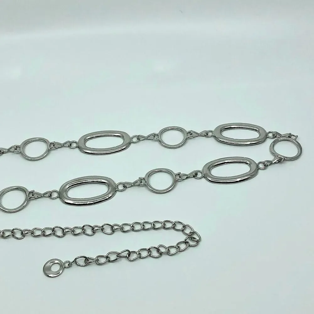 Y2K Minimalist Silver Geometric Link Chain Belt, Fits 29–42 Inches, X7GA1221